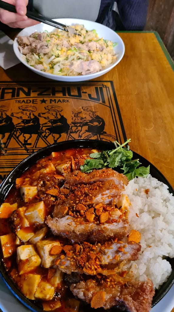 Donburi und dahinter gebratener Reis